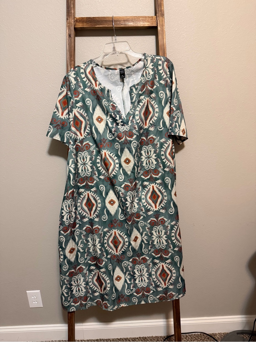 SHEIN Teal Ikat Midi Dress with Rust and Ivory Details